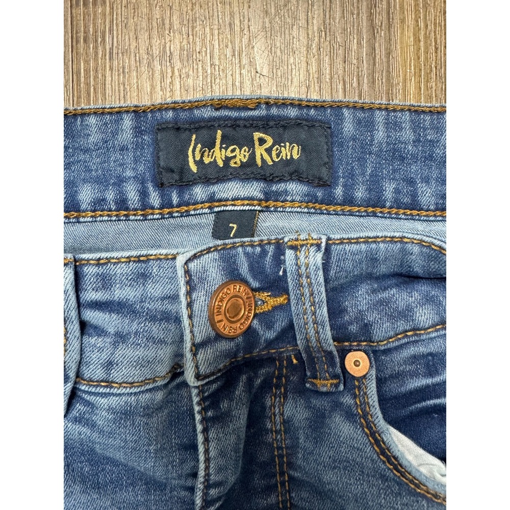 Indigo Rein Skinny Jeans Sz 7 Blue Distressed Ripped High Rise Medium Wash Denim - Picture 2 of 10